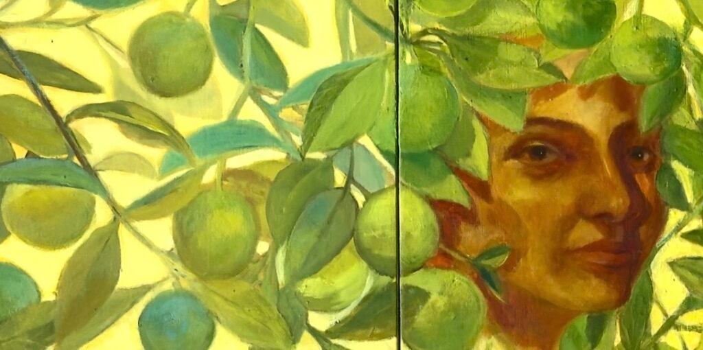 El aroma lento de los limoneros, Generosidad (detalle). Serie Iconostasios de la memoria. Aceite sobre madera. 190 x 90 x 3 cm. 2025