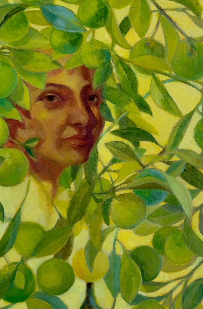 El aroma lento de los limoneros, Generosidad (detalle). Serie Iconostasios de la memoria. Aceite sobre madera. 190 x 90 x 3 cm. 2025