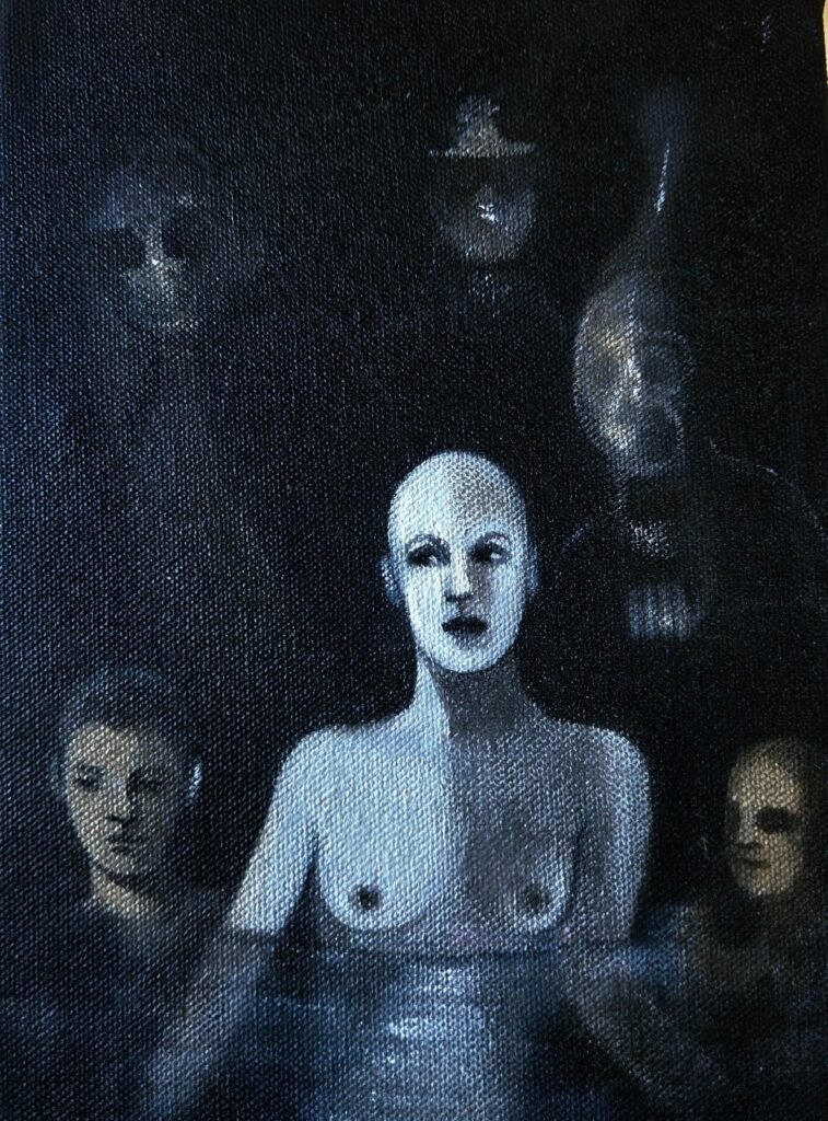 Cuerpos en tránsito. Óleo sobre lona, grisalla. 15 x 20 cm. Arauca, 2026
