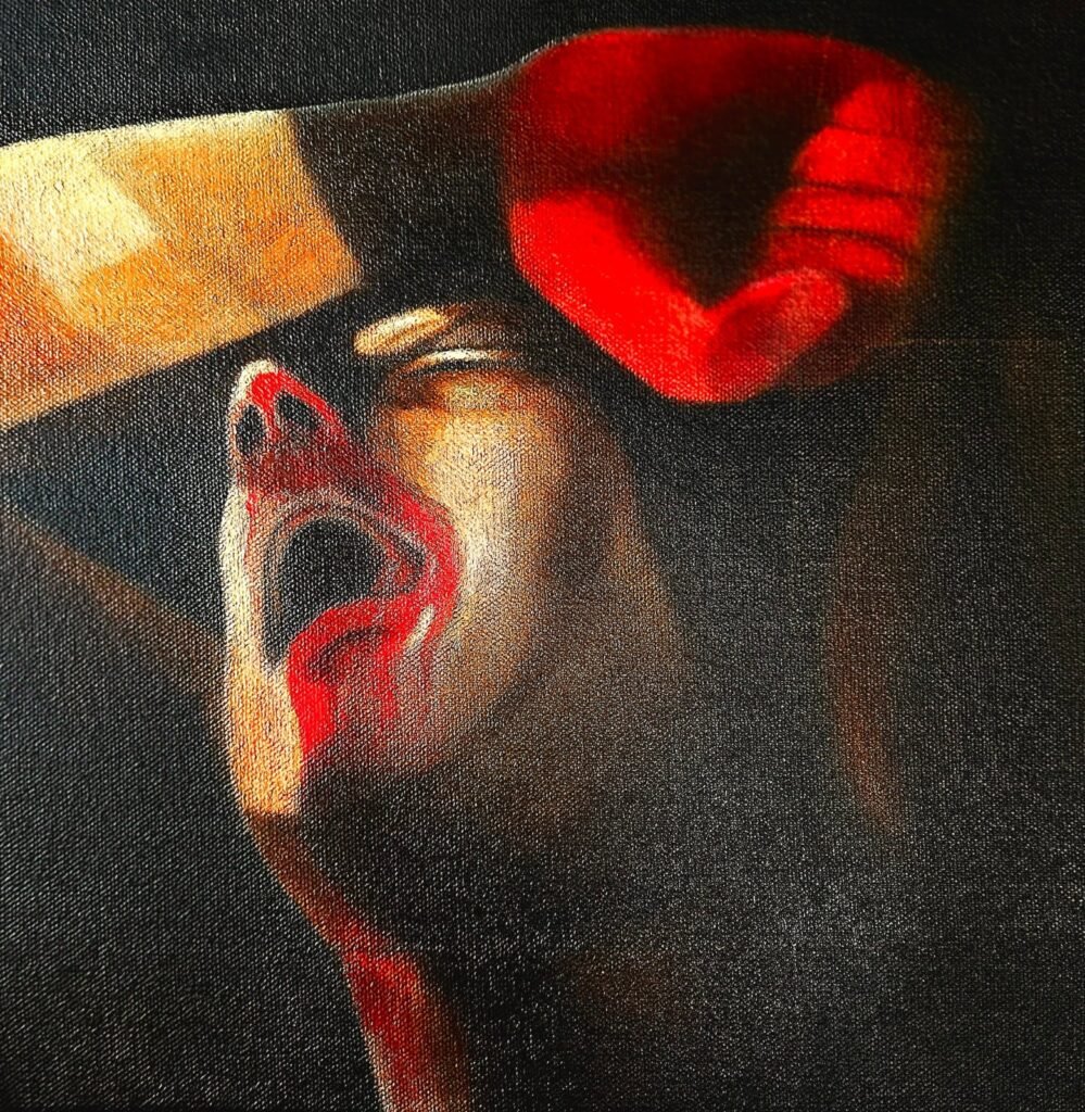 El rostro del tráfico. Óleo sobre lona, veladuras. 25 x 25 cm. Arauca, 2026