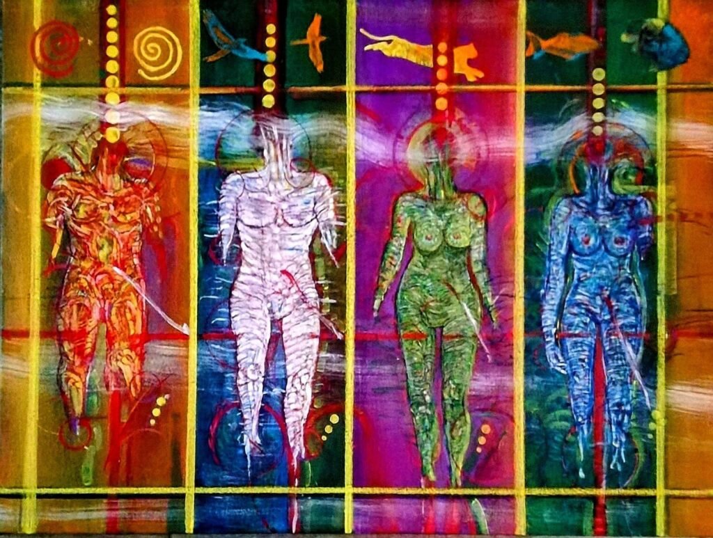 Edilberto Sierra. Bidimensionalidad humana y los cuatro elementos. Medios mixtos sobre lienzo crudo. 120 x 80 cm. Bogotá, 2025
