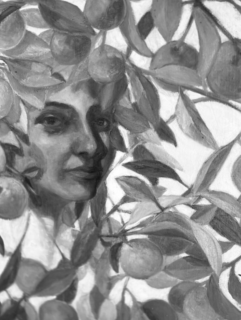 El aroma lento de los limoneros, Generosidad (detalle). Serie Iconostasios de la memoria. Aceite sobre madera. 190 x 90 x 3 cm. 2025